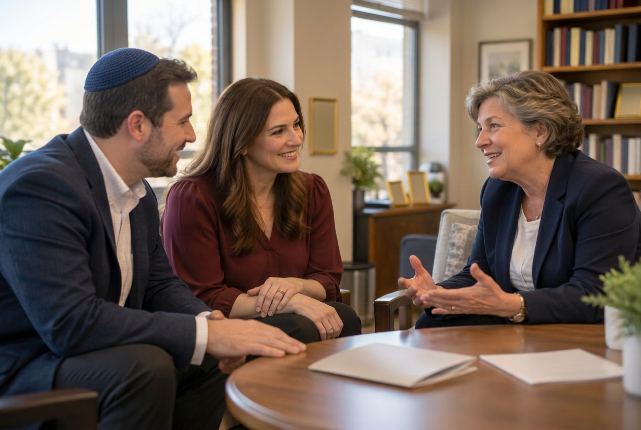 Two parents in conversation with a school administrator in a bright school office, all three smiling