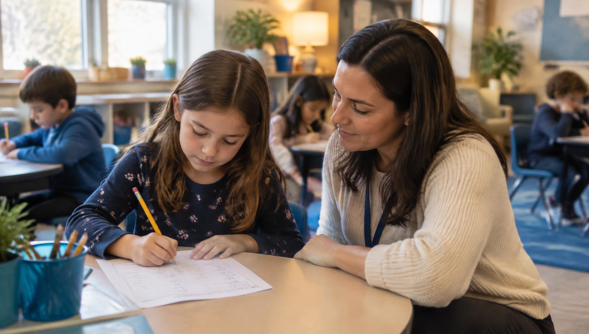 A girl works on a math worksheet while a support teacher sits beside her