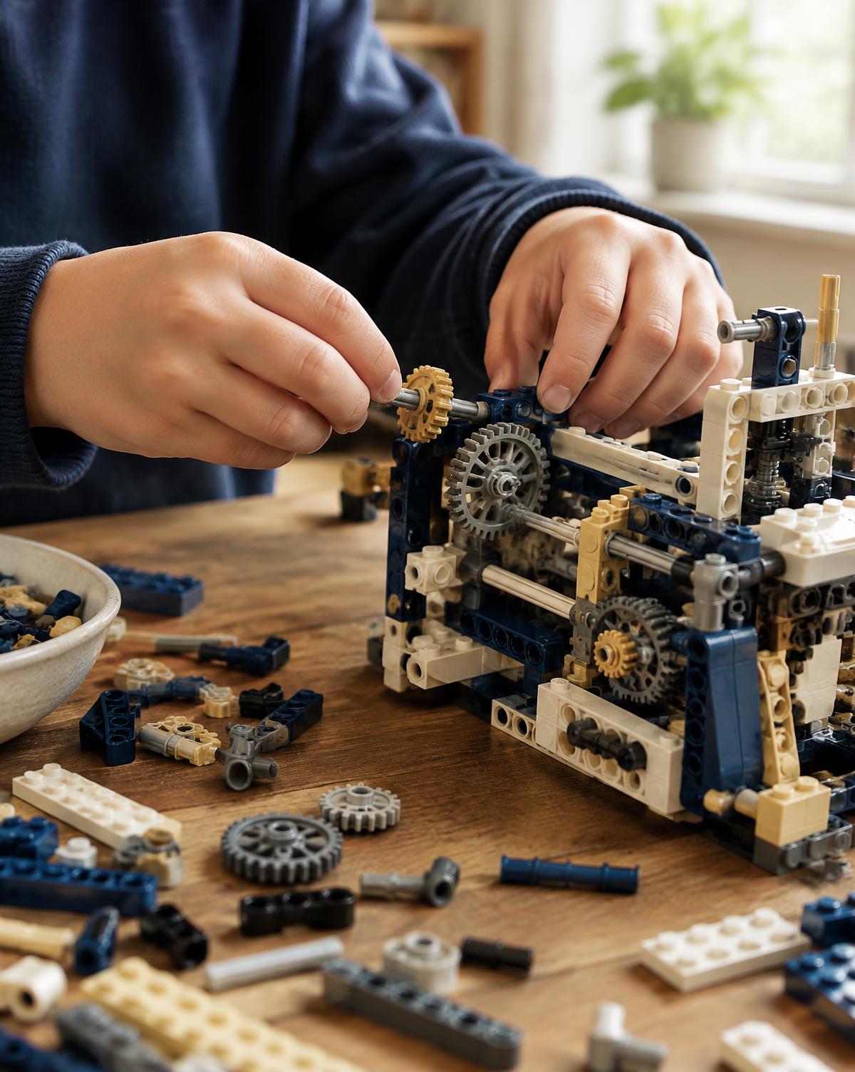 A child's hands assembling an intricate gear model