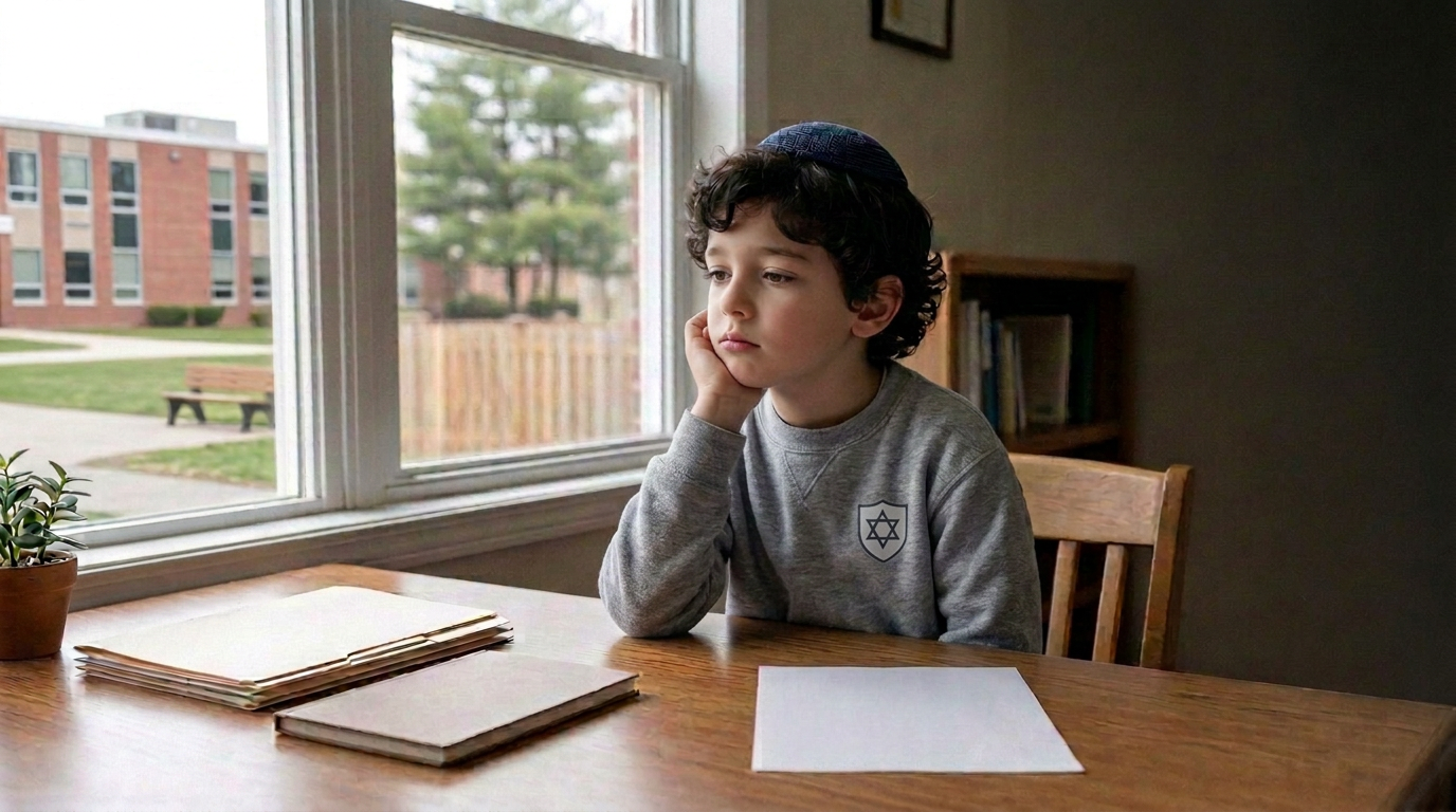 A boy wearing a kippah sits at a school principal's desk with folders and a blank sheet of paper, resting his chin on his hand as he looks out the window toward the schoolyard