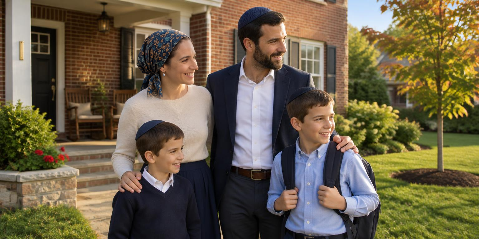 A family walking up to their front door