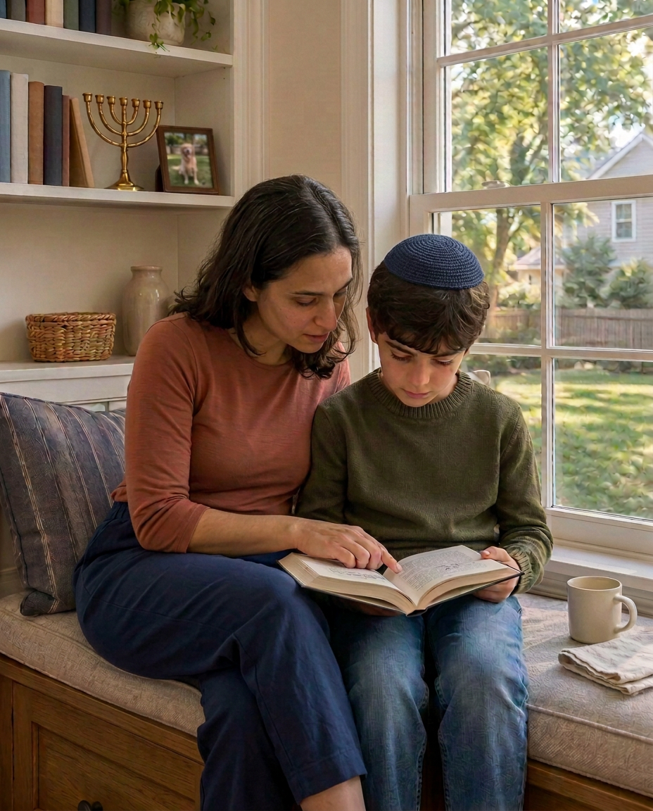 A mother leaning in beside her son, showing him something in an open book at their kitchen window