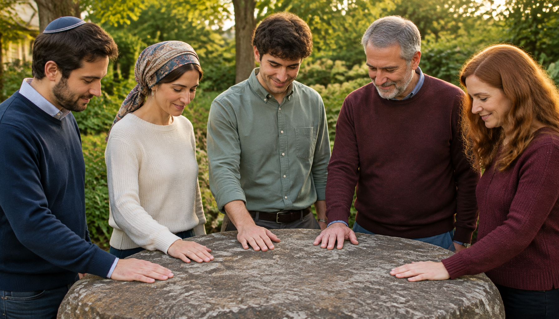 The hands of several adults of different ages resting together on a single foundation stone in a garden at golden hour