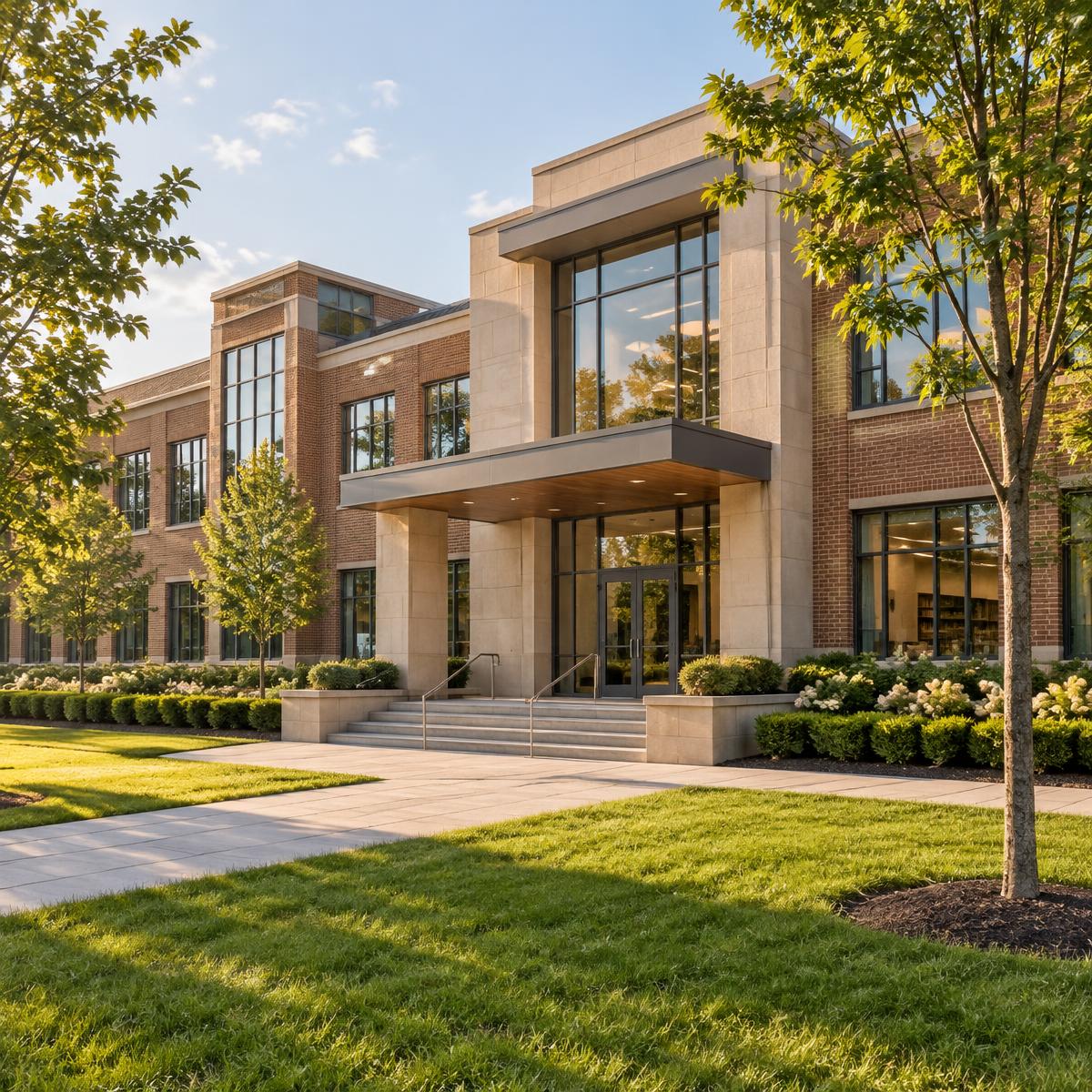 Modern brick-and-glass Jewish day school building with a covered stone entrance and manicured lawn