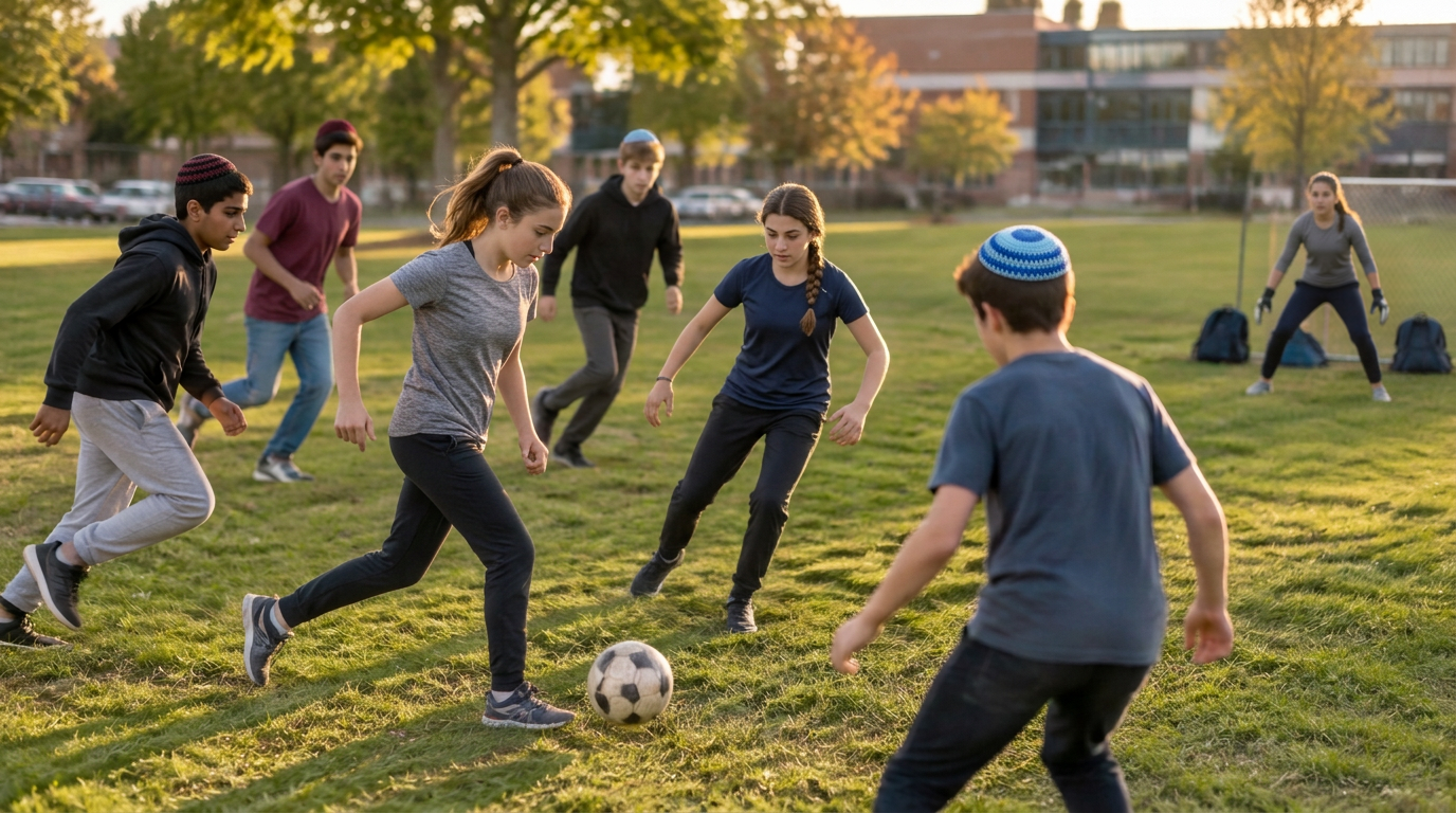 Girls and boys about fourteen playing soccer together on a school field, the boys wearing kippot